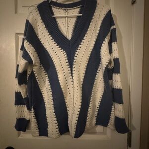 Striped V-Neck Sweater - Blue and White